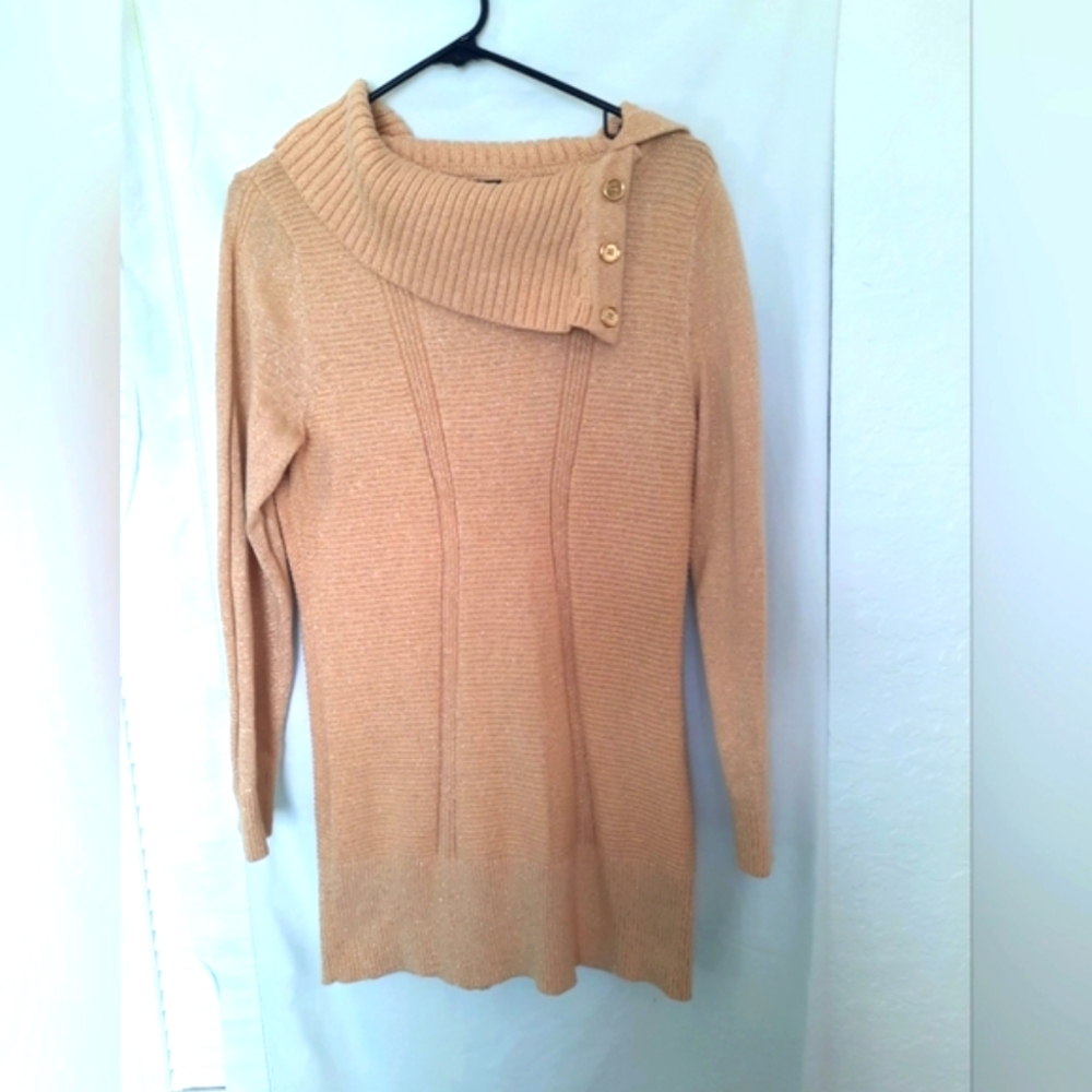 Style & Co Women's New Sequin Envelope Neck Tunic Stretchy Sweater Gold Size L
